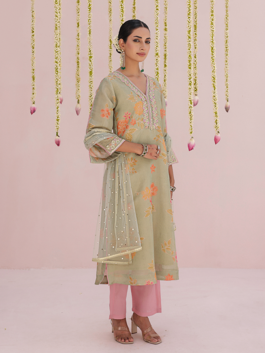Mint Kurta Set With Floral Print & Embroidered Neckline