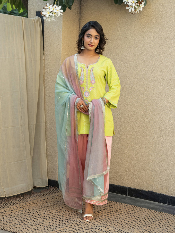 Lime Green Short Embroidered Kurta Paired With Farshi & Ombre Dupatta