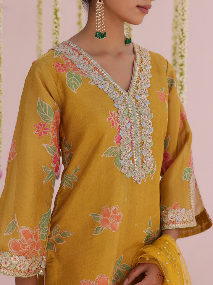 Mustard Kurta Set With Floral Print & Embroidered Neckline