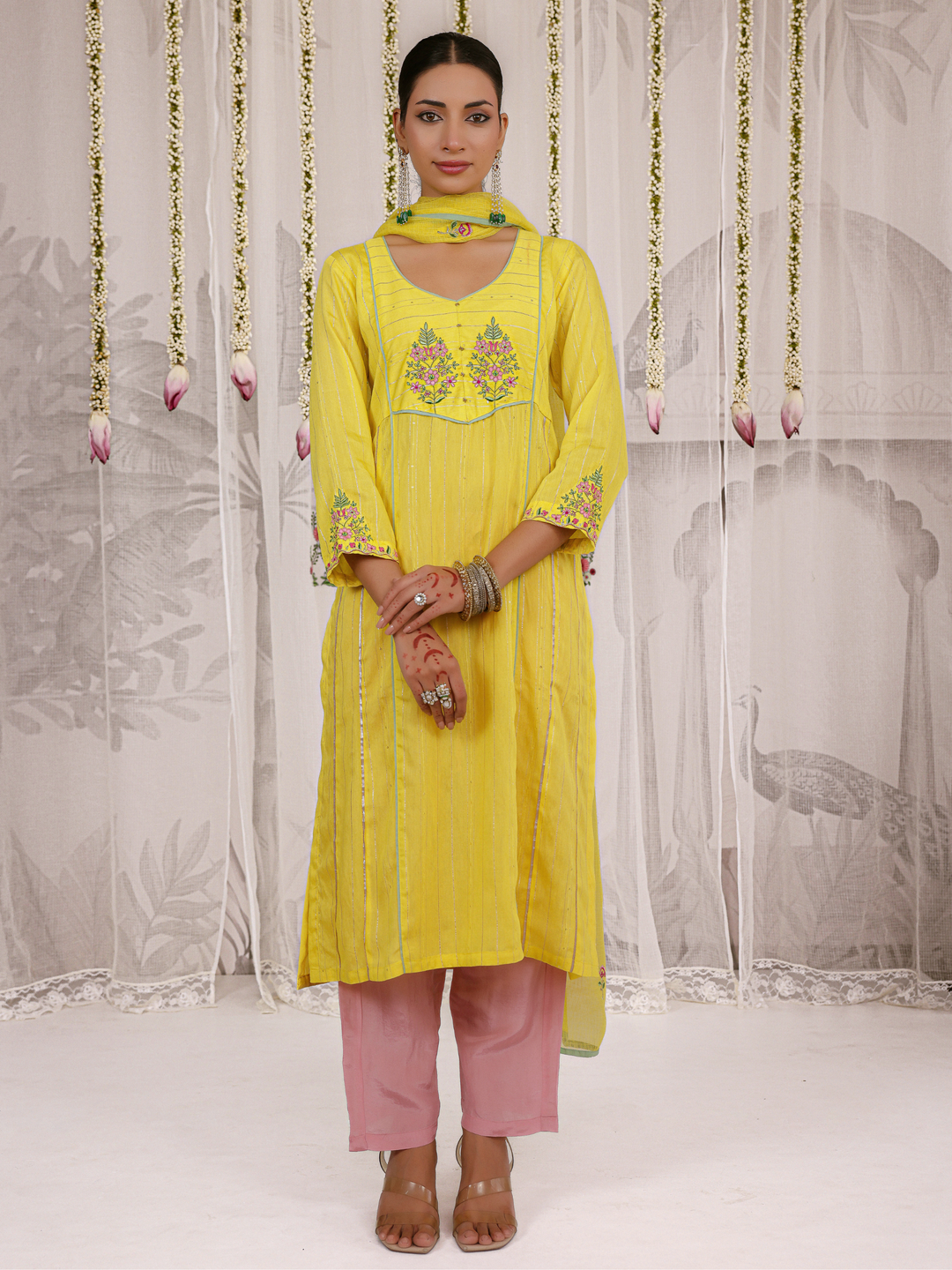 Lemon Kurta Set With Embroidered Yoke