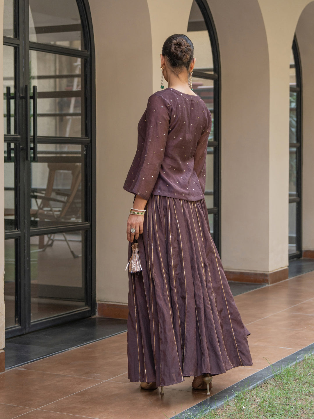 Brown Skirt Set - Chanderi Top With Mukeish Work Paired With Gota Detailed Matching Skirt