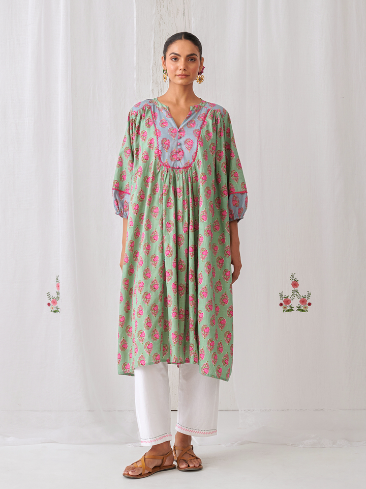 Mint Green Floral Gathered Free Size Kurta Paired With White Straight Pants