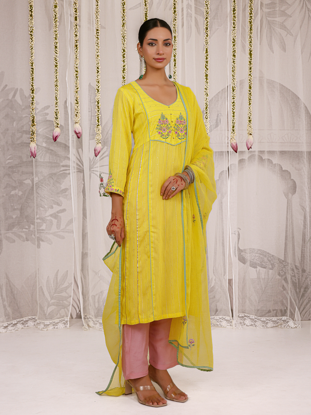 Lemon Kurta Set With Embroidered Yoke