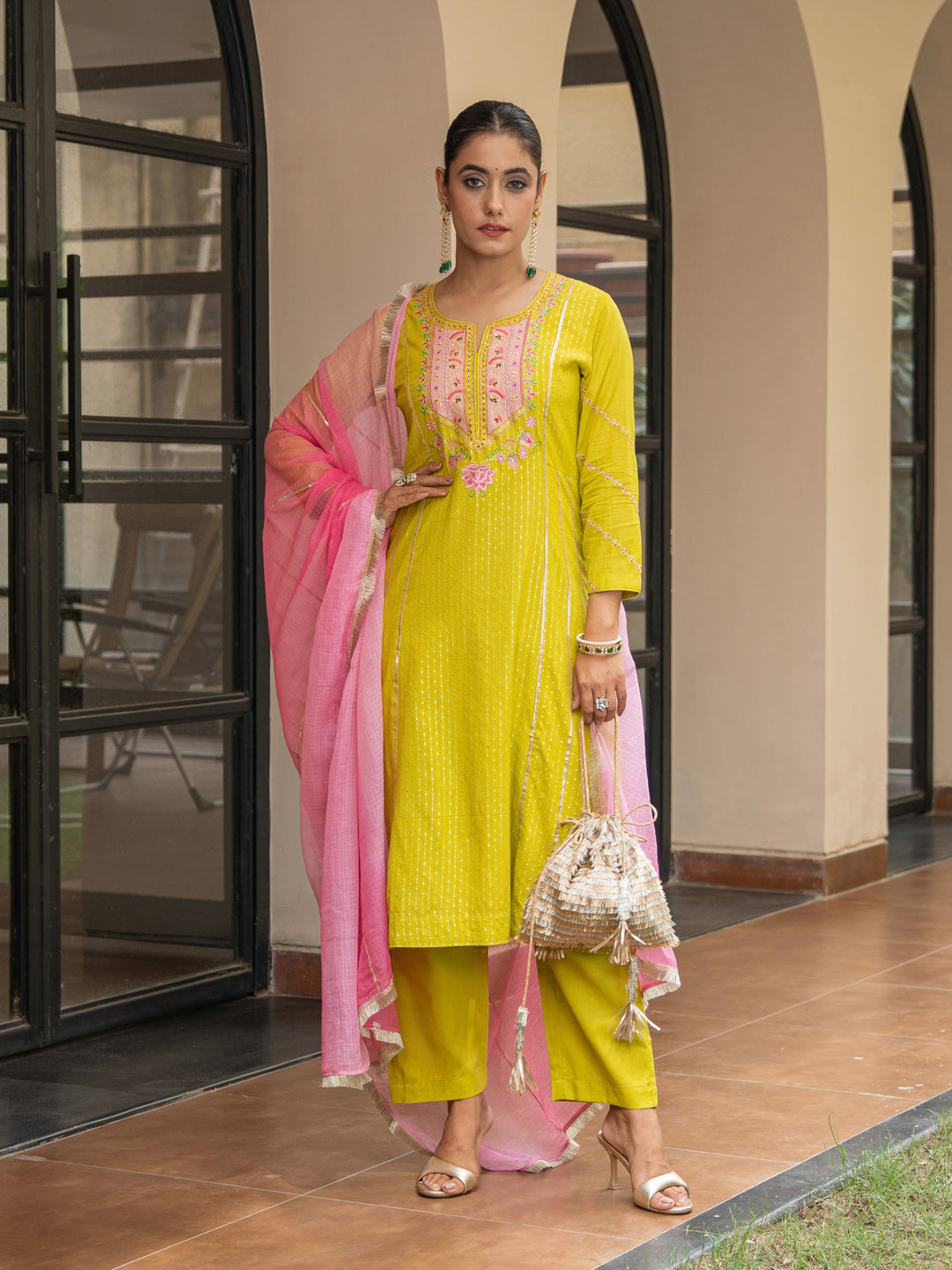 Olive A-Line Embroidered Kurta Paired With Matching Pants & Ombre Dupatta