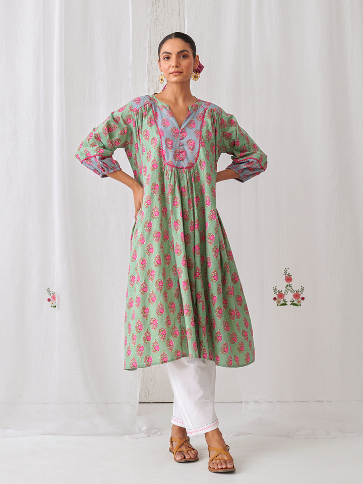 Mint Green Floral Gathered Free Size Kurta Paired With White Straight Pants