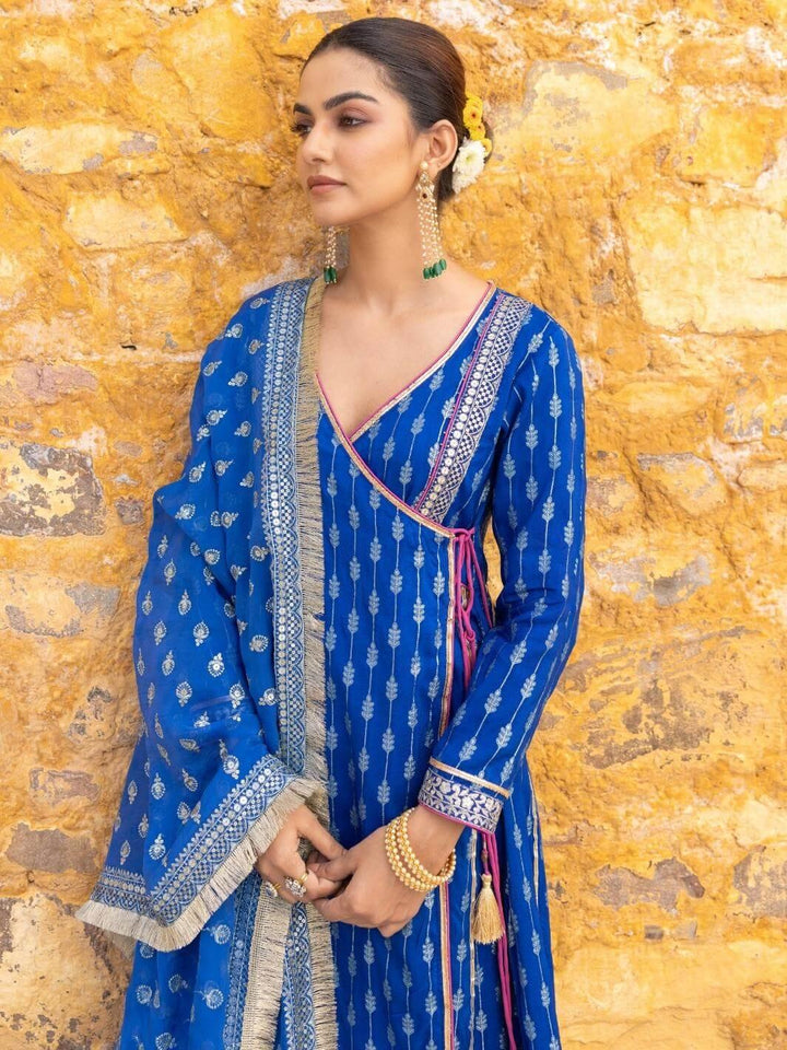 Royal Blue Zari Ethnic Angrakha Set with Embroidered Dupatta - Myaara