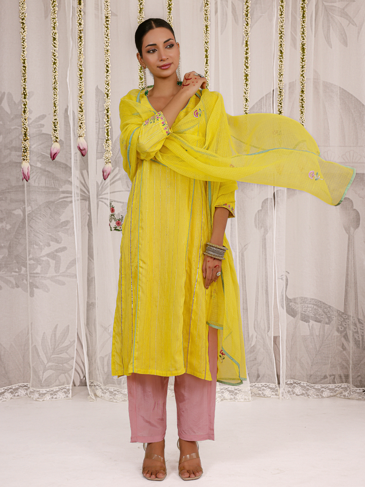 Lemon Kurta Set With Embroidered Yoke