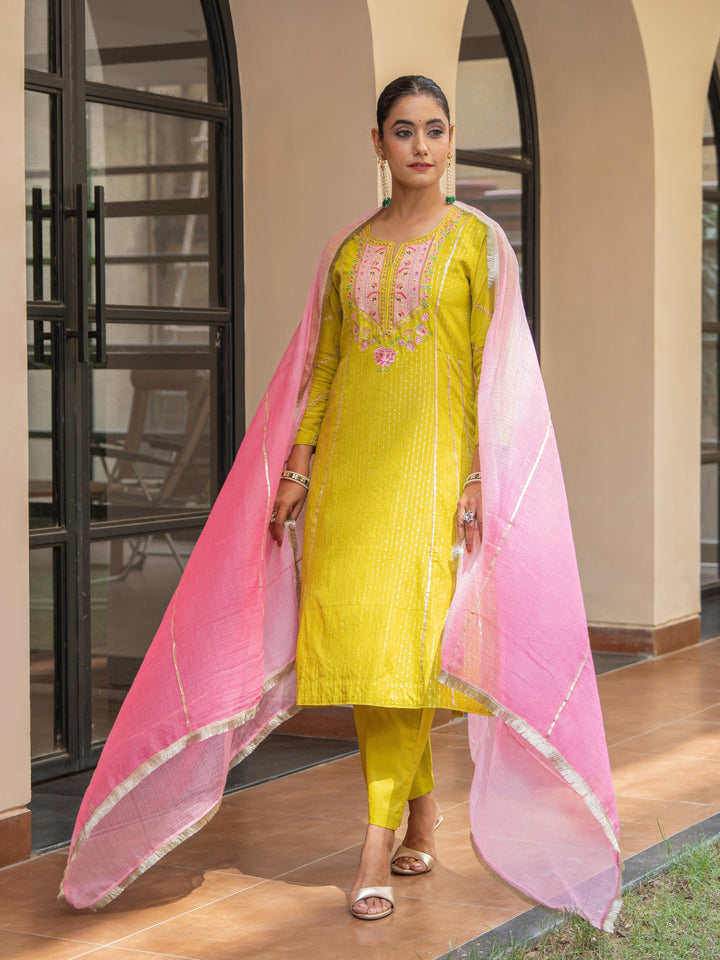 Olive A-Line Embroidered Kurta Paired With Matching Pants & Ombre Dupatta