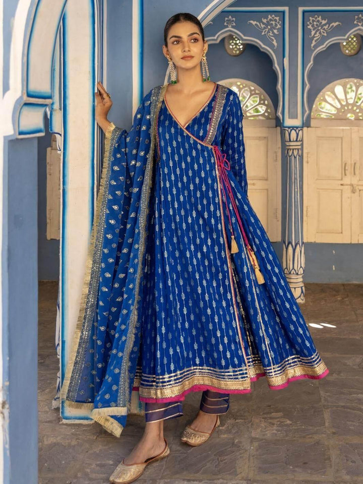 Royal Blue Zari Ethnic Angrakha Set with Embroidered Dupatta - Myaara