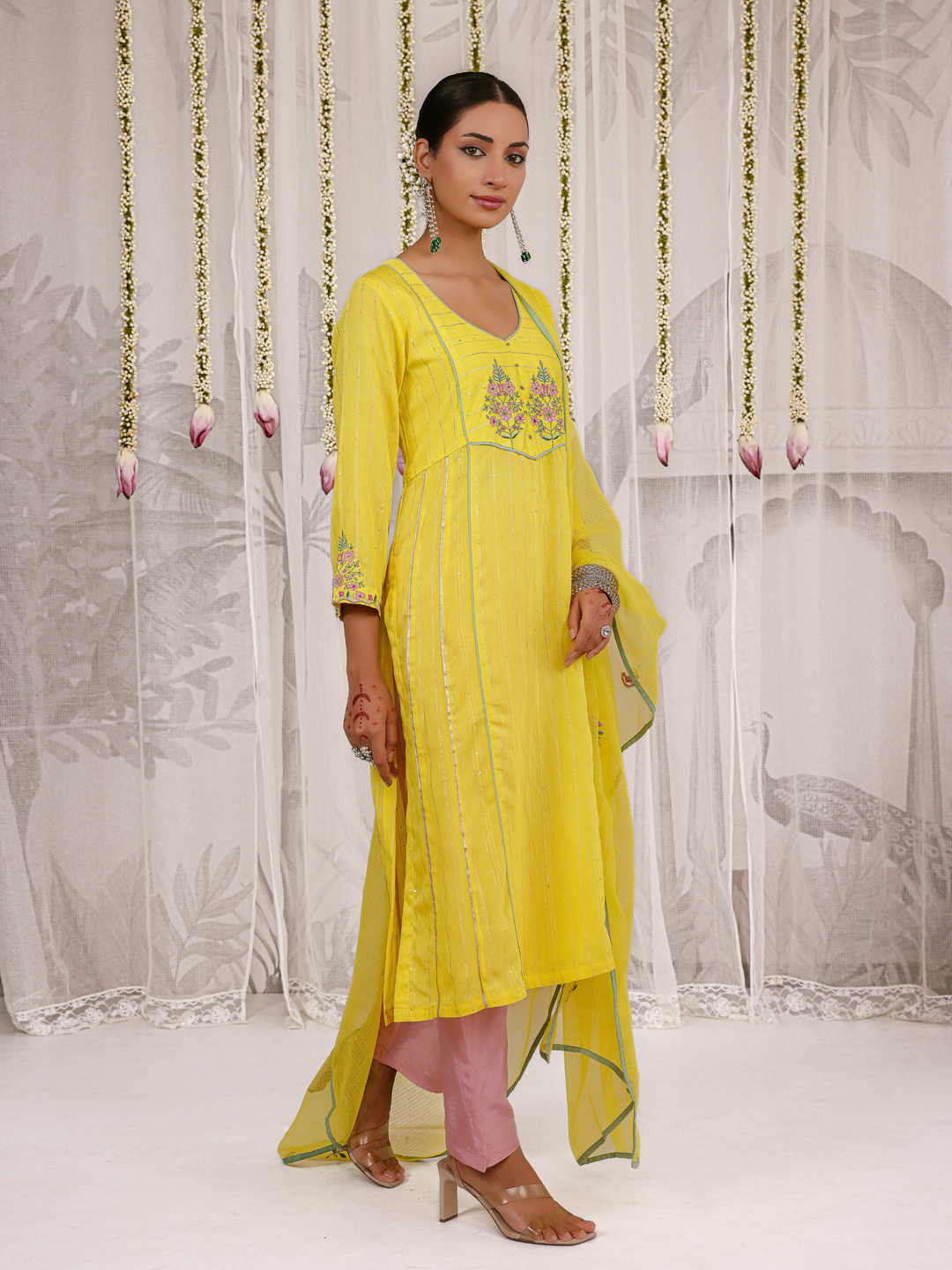 Lemon Kurta Set With Embroidered Yoke