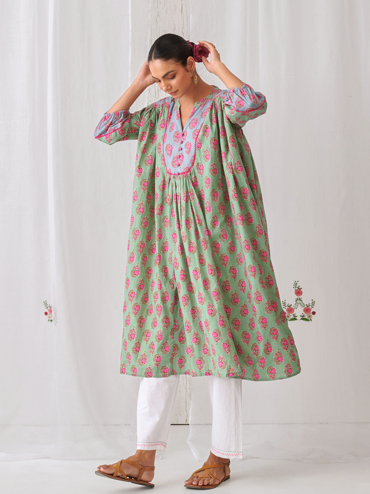 Mint Green Floral Gathered Free Size Kurta Paired With White Straight Pants