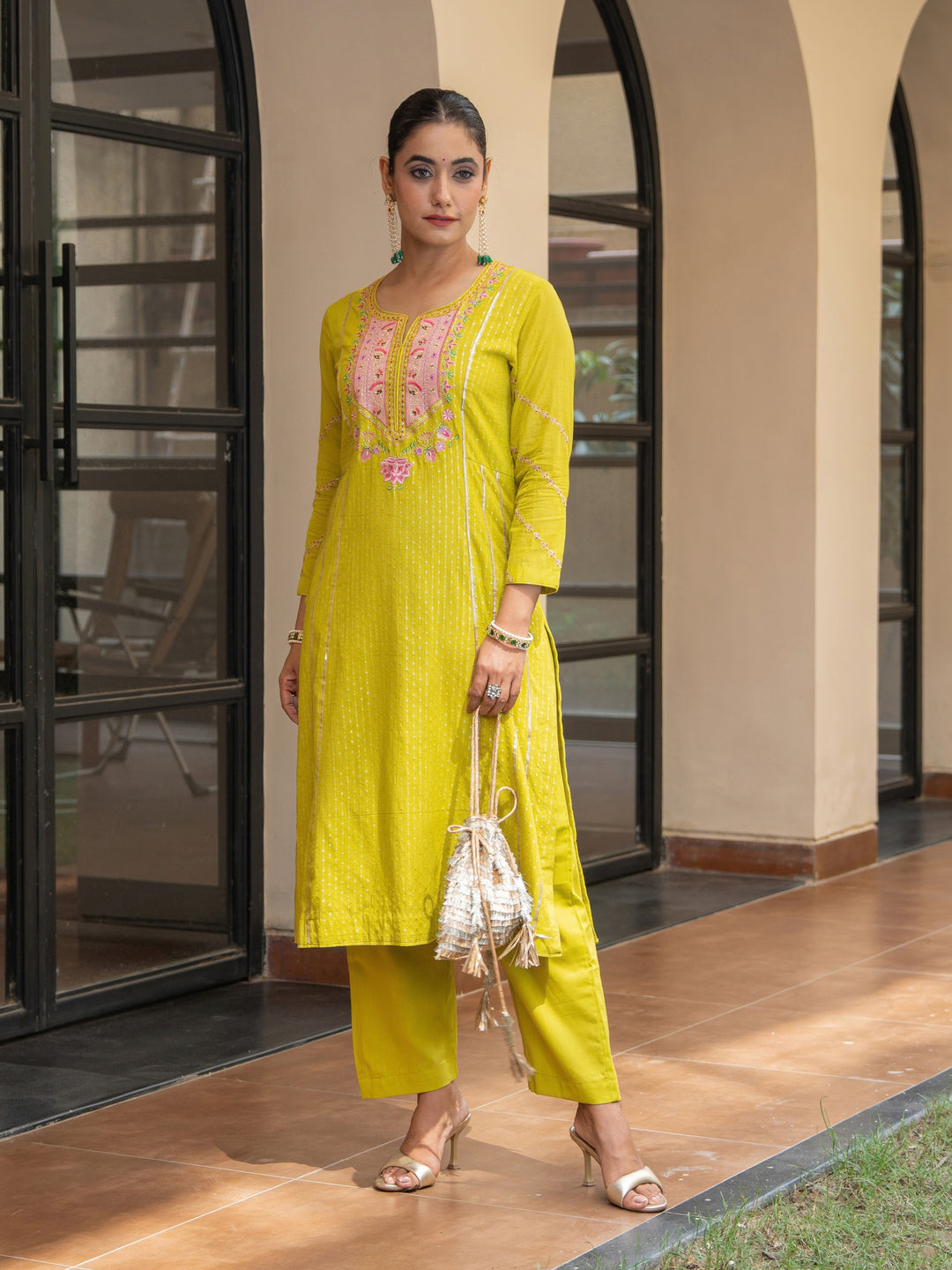 Olive A-Line Embroidered Kurta Paired With Matching Pants & Ombre Dupatta