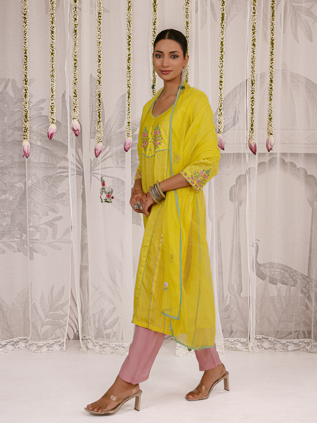 Lemon Kurta Set With Embroidered Yoke