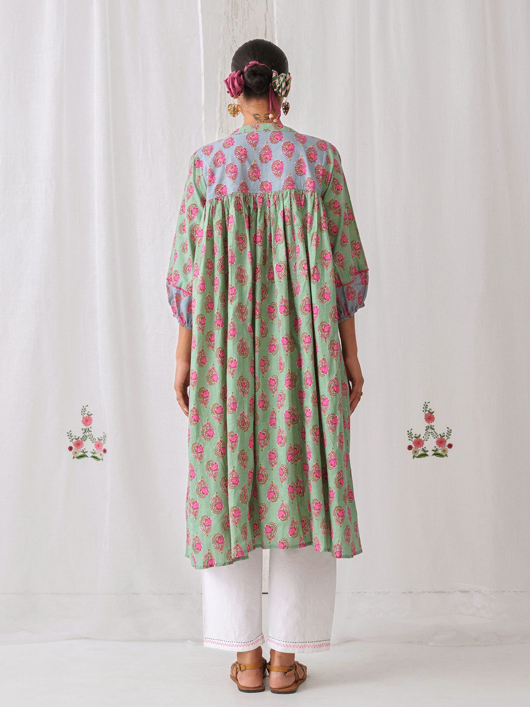 Mint Green Floral Gathered Free Size Kurta Paired With White Straight Pants