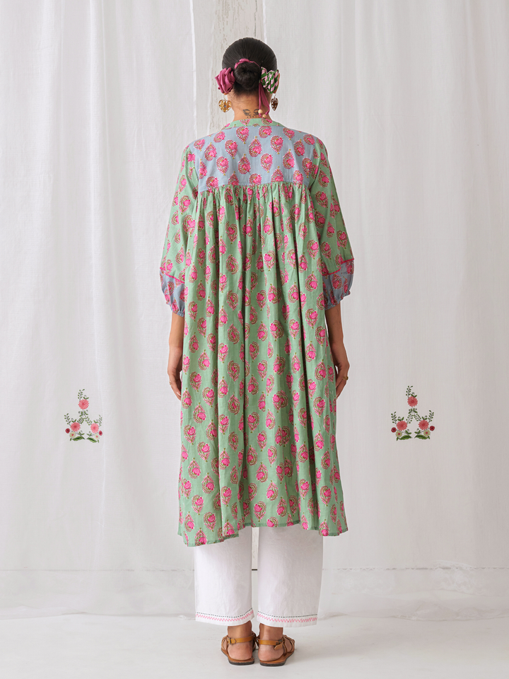 Mint Green Floral Gathered Free Size Kurta Paired With White Straight Pants