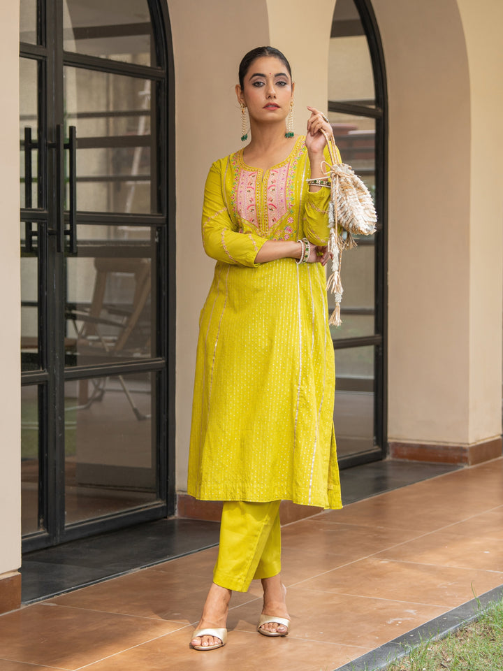 Olive A-Line Embroidered Kurta Paired With Matching Pants & Ombre Dupatta