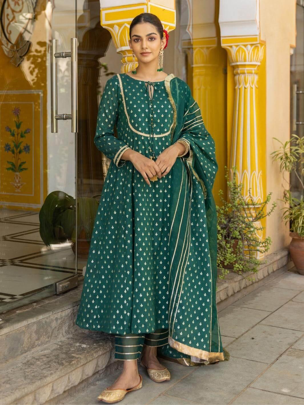 Emerald Green Chanderi Anarkali Set with Organza Dupatta - Myaara