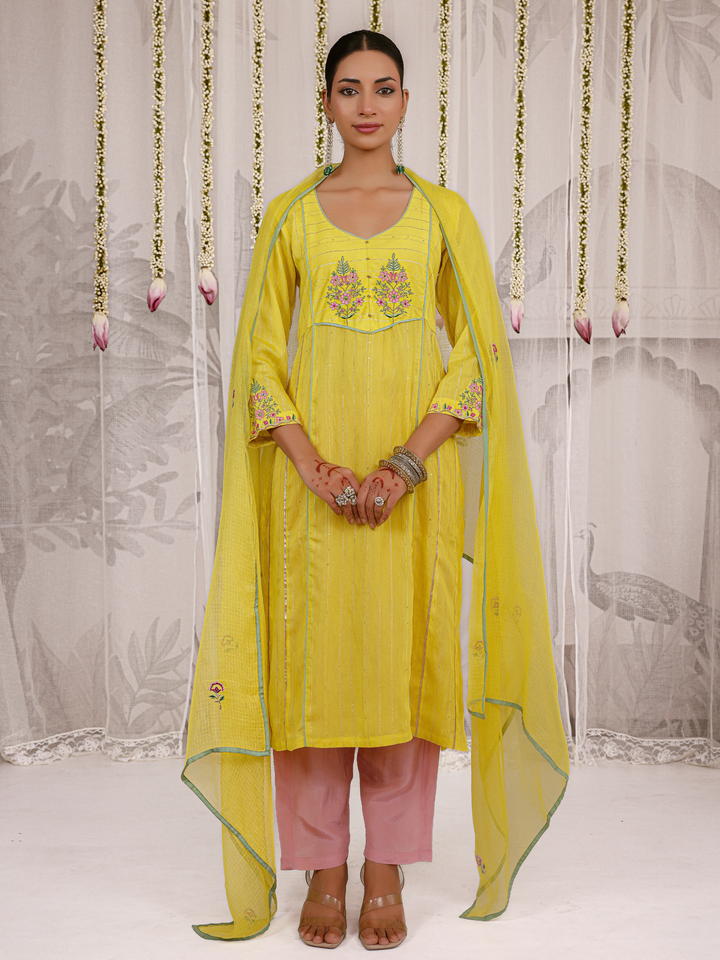 Lemon Kurta Set With Embroidered Yoke