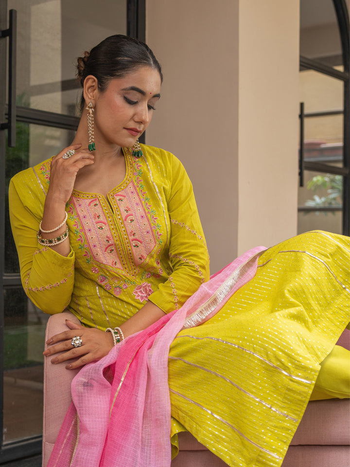 Olive A-Line Embroidered Kurta Paired With Matching Pants & Ombre Dupatta