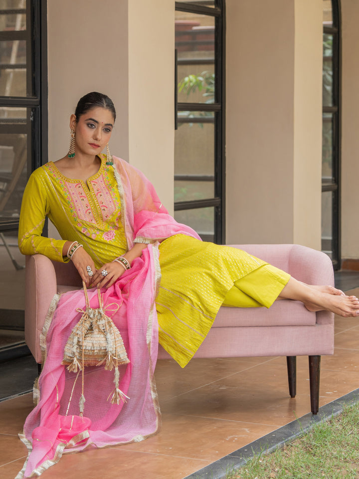 Olive A-Line Embroidered Kurta Paired With Matching Pants & Ombre Dupatta
