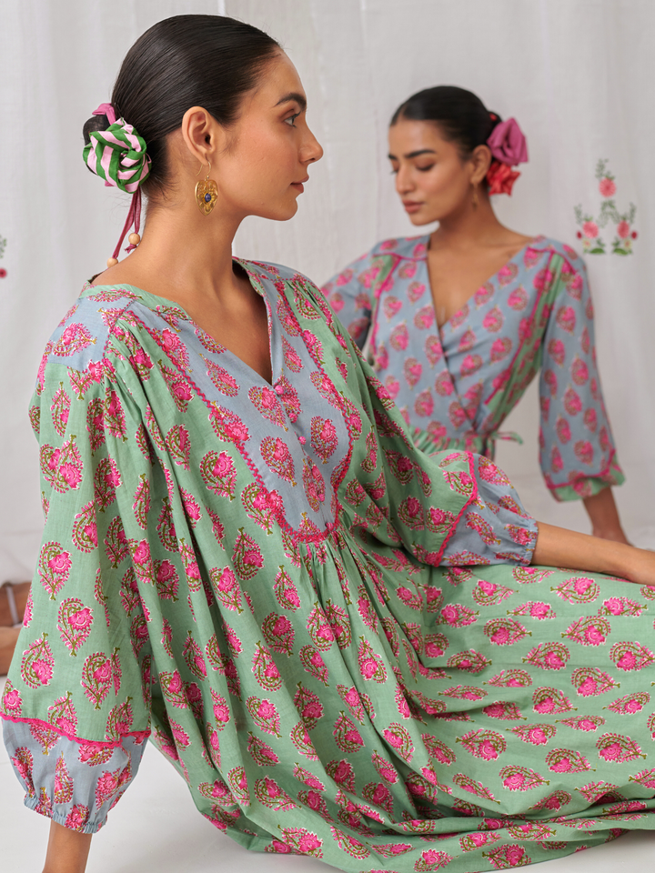 Mint Green Floral Gathered Free Size Kurta Paired With White Straight Pants