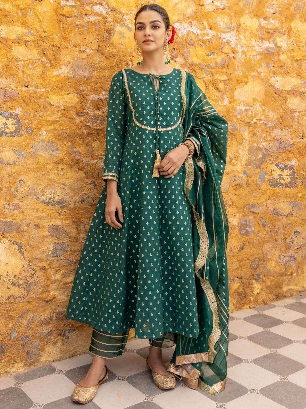 Emerald Green Chanderi Anarkali Set with Organza Dupatta - Myaara