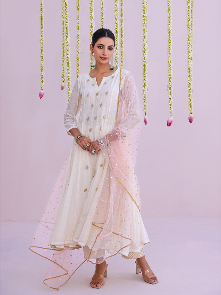 Ivory Anarkali Set with Embroidered Bootis