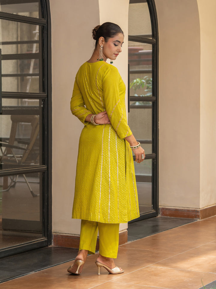 Olive A-Line Embroidered Kurta Paired With Matching Pants & Ombre Dupatta