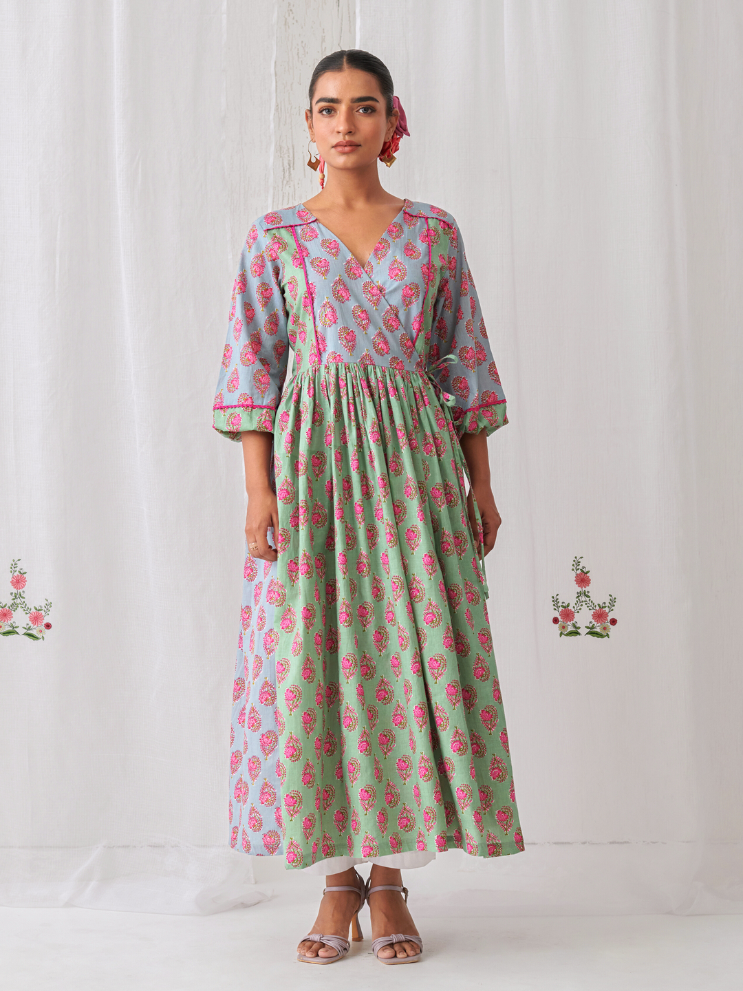 Mint Green & Blue Floral Angrakha Kurta Paired With Straight White Pants