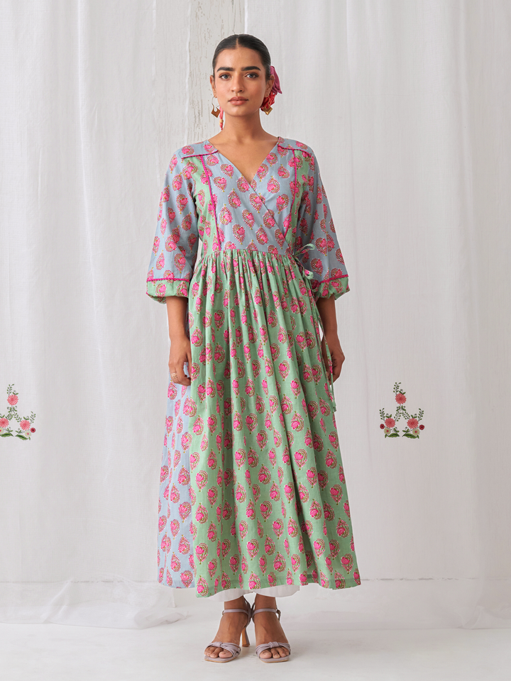 Mint Green & Blue Floral Angrakha Kurta Paired With Straight White Pants