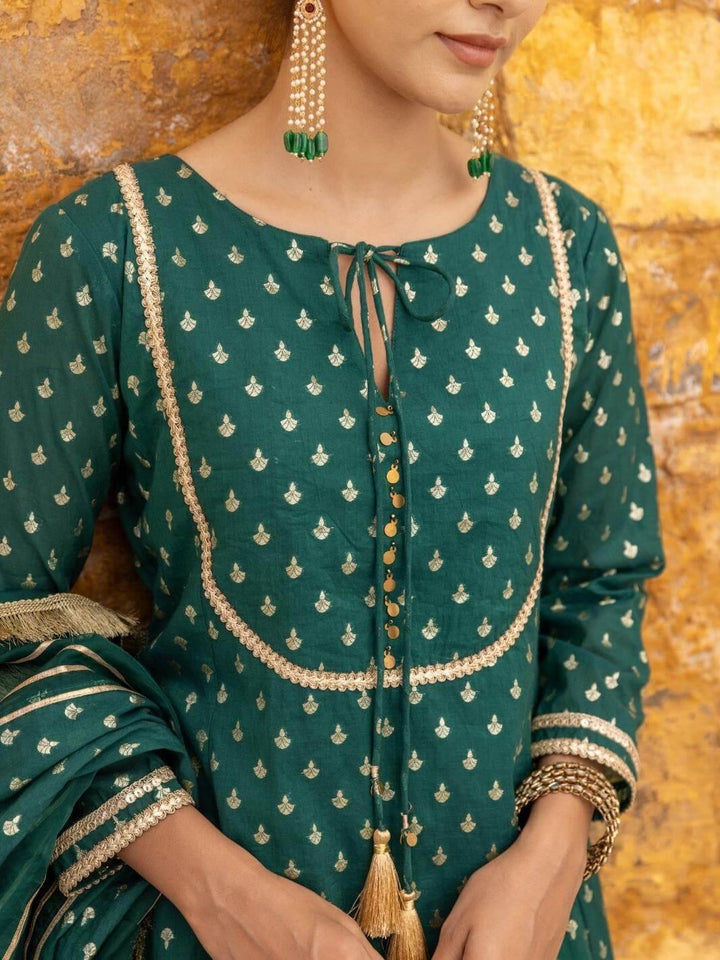 Emerald Green Chanderi Anarkali Set with Organza Dupatta - Myaara