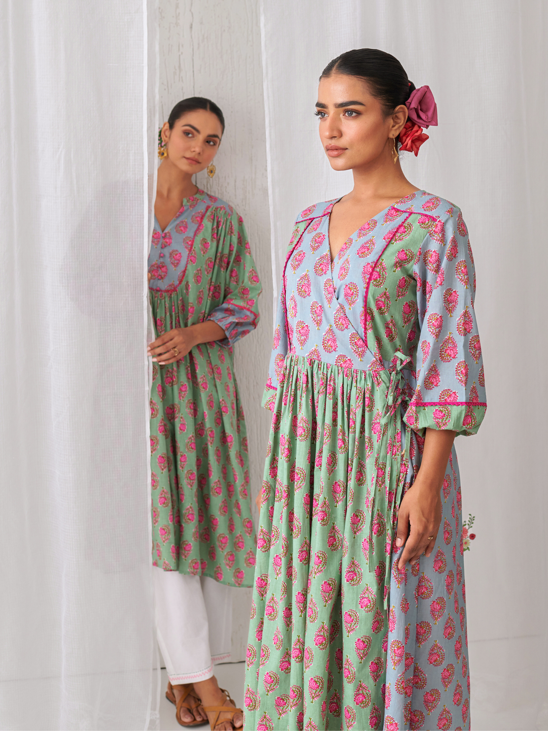 Mint Green & Blue Floral Angrakha Kurta Paired With Straight White Pants