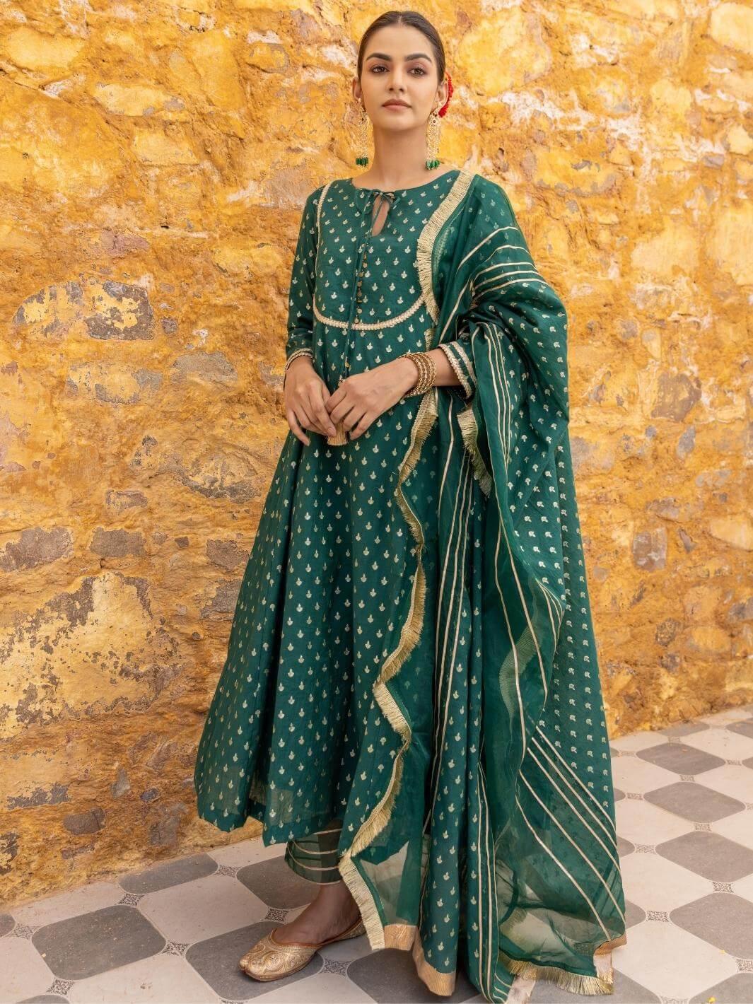 Emerald Green Chanderi Anarkali Set with Organza Dupatta - Myaara