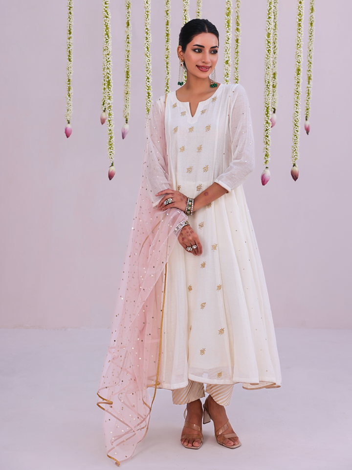 Ivory Anarkali Set with Embroidered Bootis