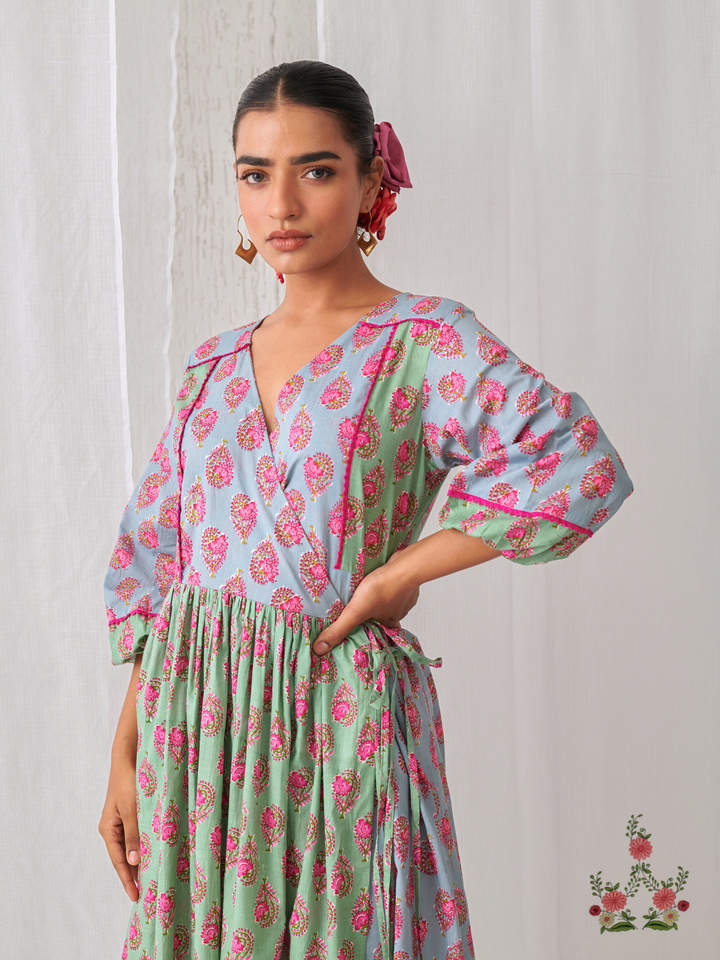 Mint Green & Blue Floral Angrakha Kurta Paired With Straight White Pants