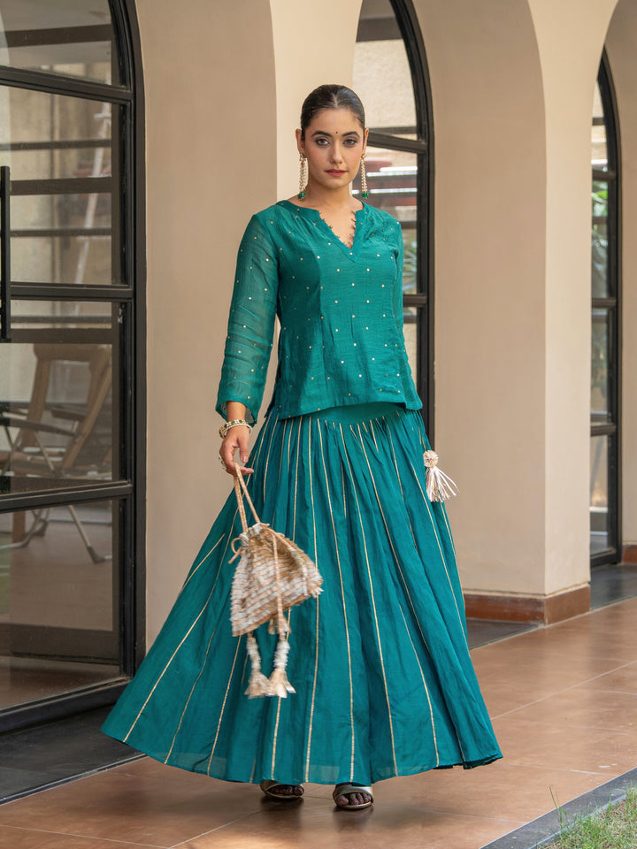 Green Skirt Set - Chanderi Top With Mukeish Work Paired With Gota Detailed Matching Skirt