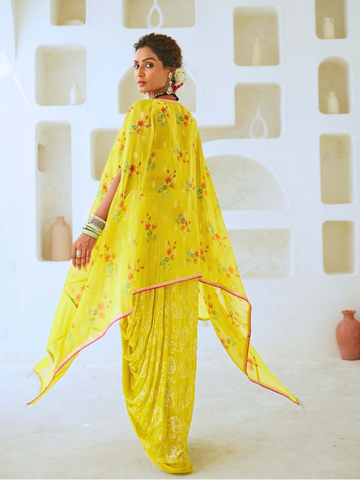 Lemon Green Fusion Set with Georgette Draped Skirt & Floral Cape