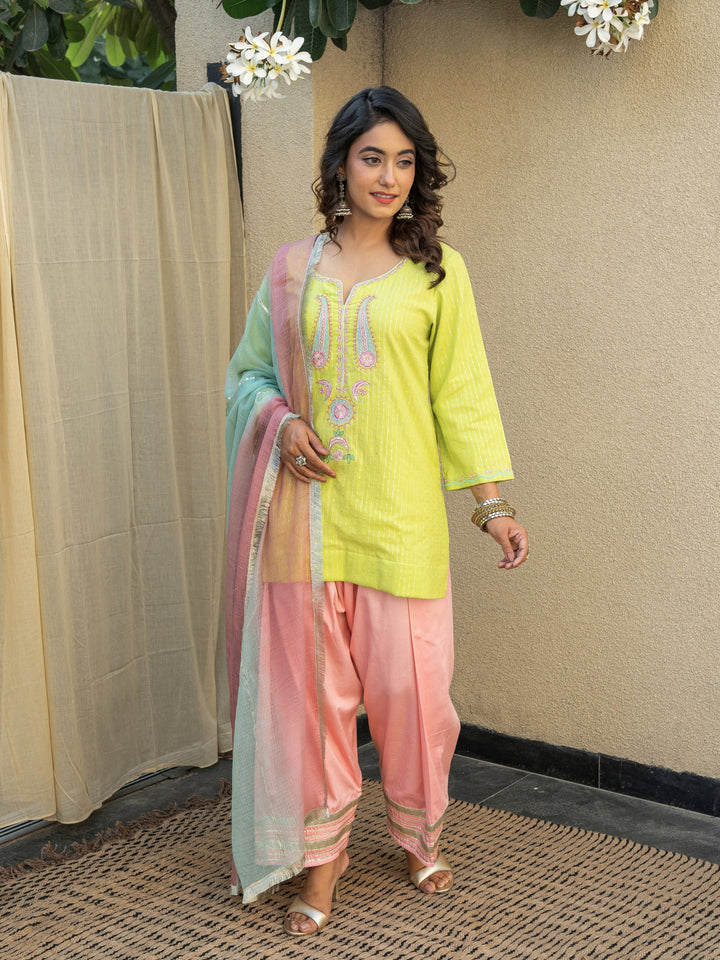Lime Green Short Embroidered Kurta Paired With Farshi & Ombre Dupatta