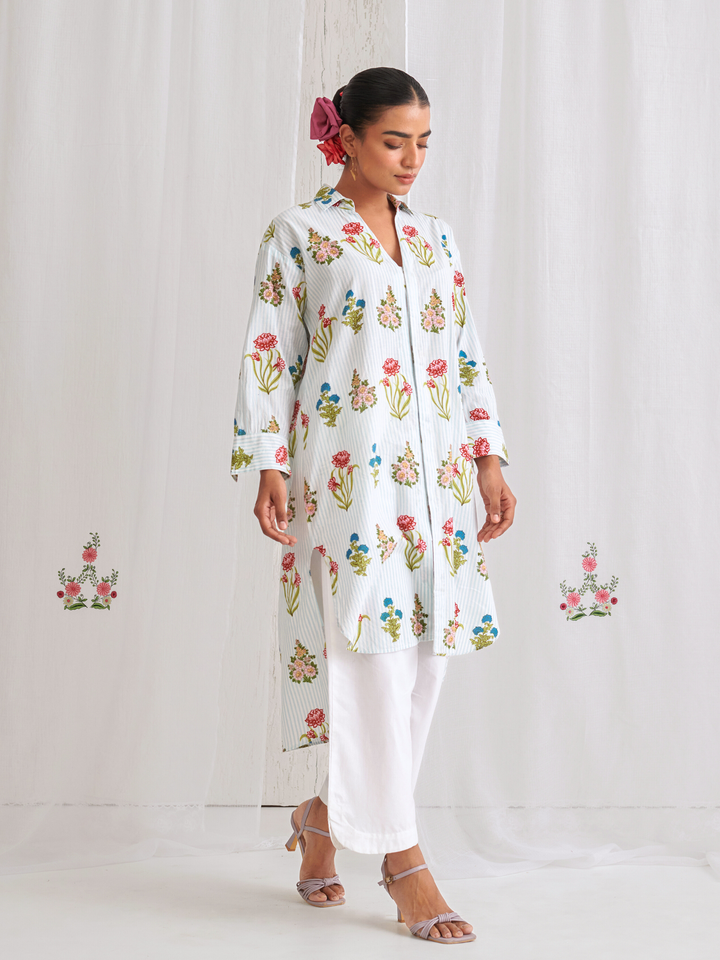 Aqua Floral Shirt Style Kurta Paired With Curved  Hem White Pants