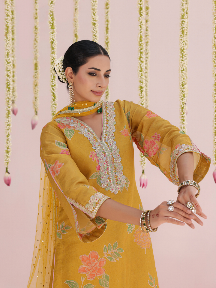 Mustard Kurta Set With Floral Print & Embroidered Neckline