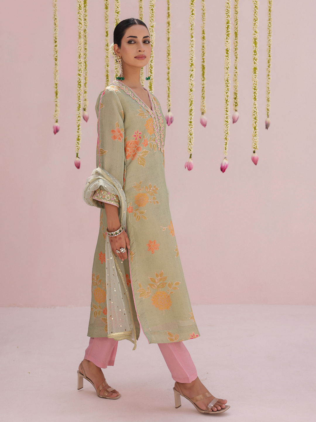 Mint Kurta Set With Floral Print & Embroidered Neckline