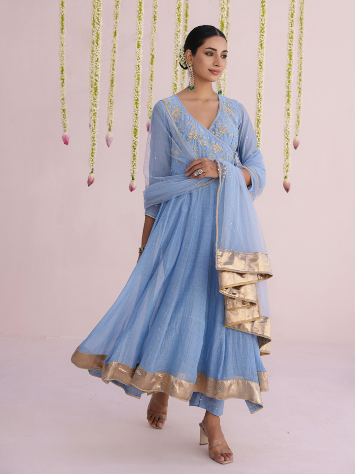 Dusty Blue Angarakha With Embroidered Yoke