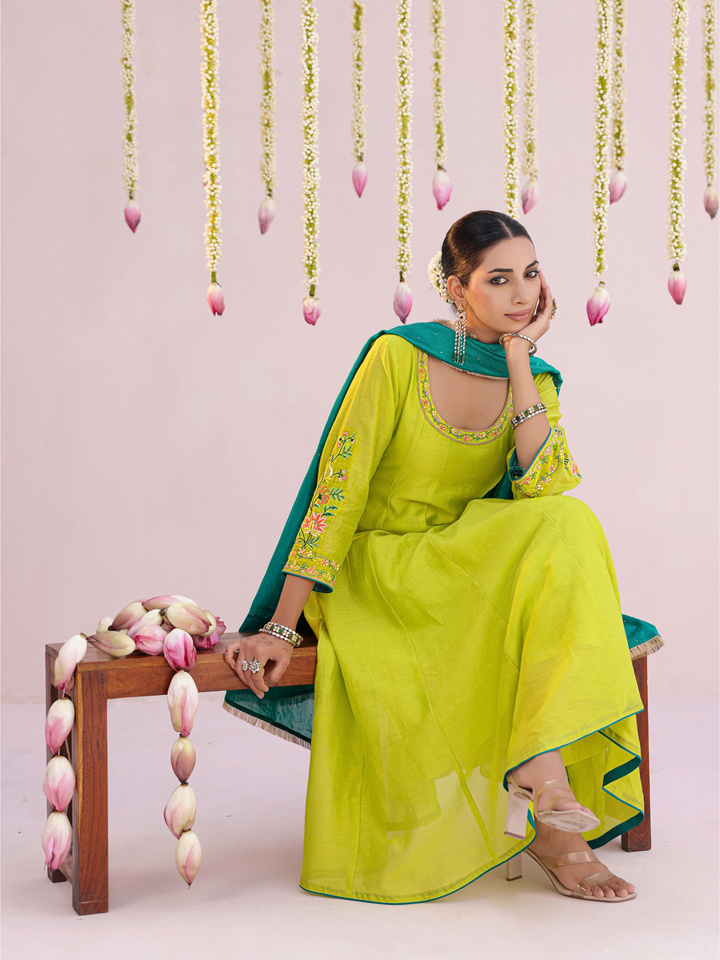Lemon Anarkali Set With Floral Embroidery Details