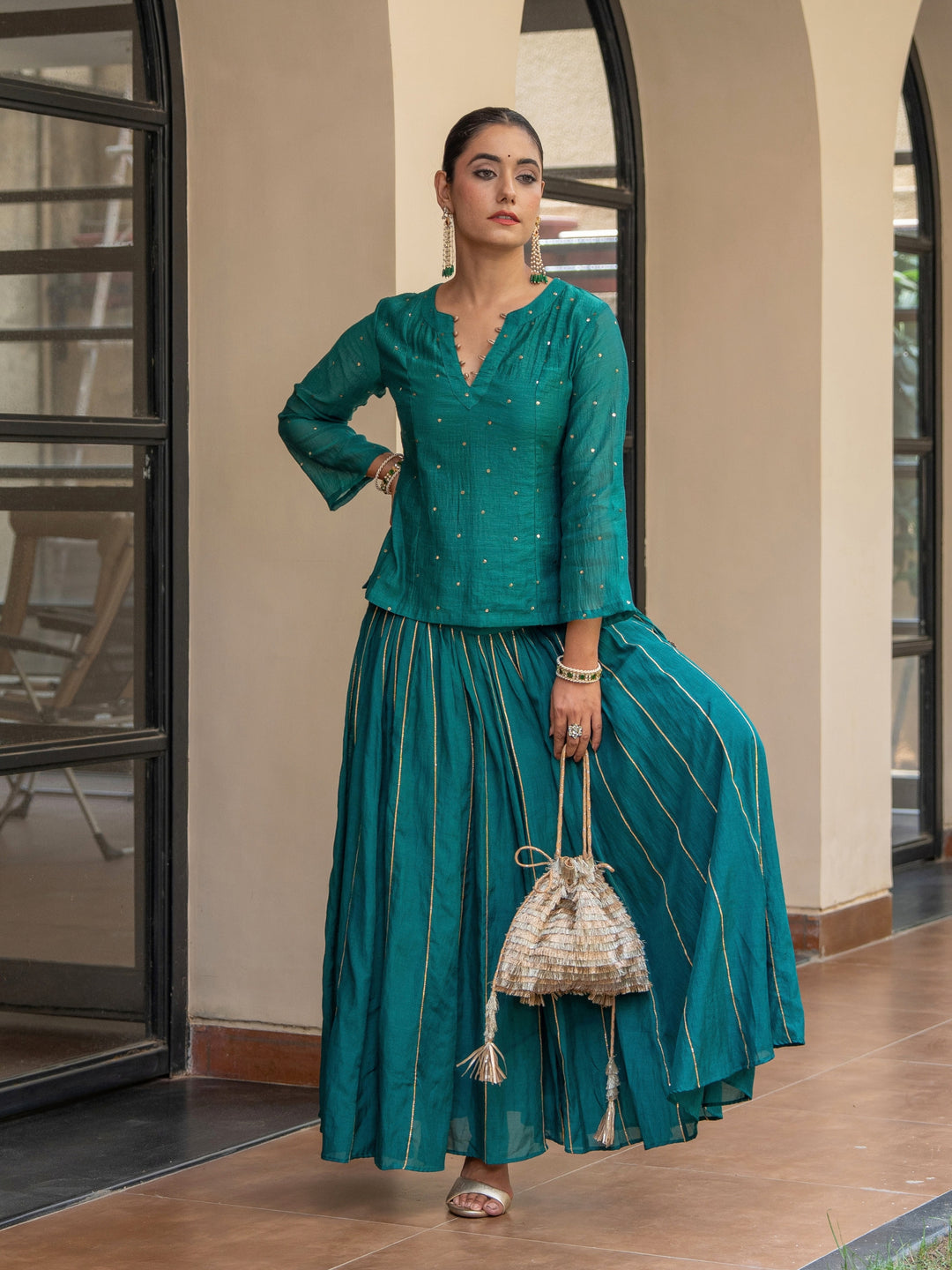 Green Skirt Set - Chanderi Top With Mukeish Work Paired With Gota Detailed Matching Skirt