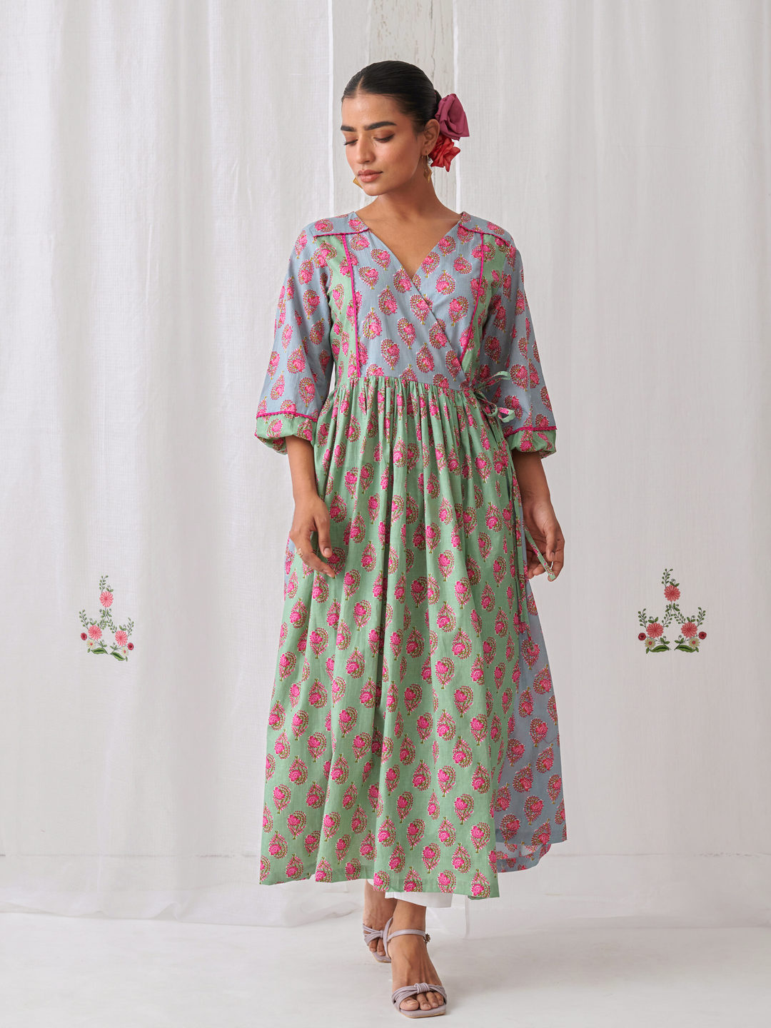 Mint Green & Blue Floral Angrakha Kurta Paired With Straight White Pants