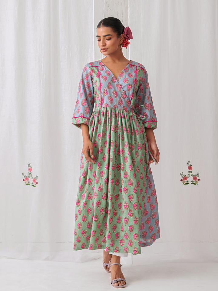 Mint Green & Blue Floral Angrakha Kurta Paired With Straight White Pants