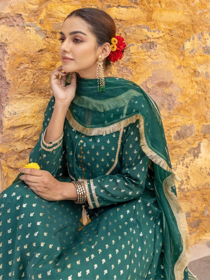 Emerald Green Chanderi Anarkali Set with Organza Dupatta - Myaara