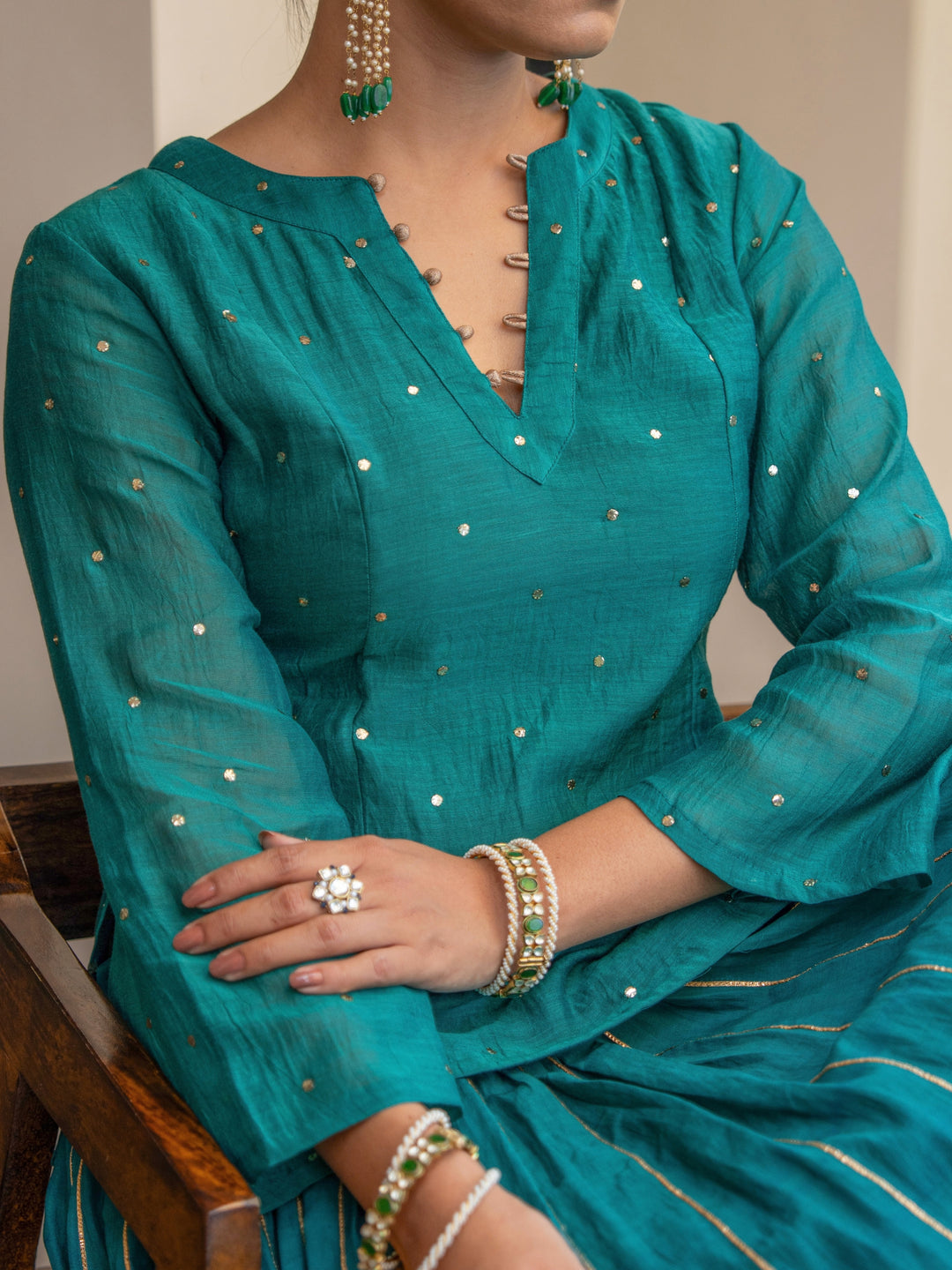 Green Skirt Set - Chanderi Top With Mukeish Work Paired With Gota Detailed Matching Skirt