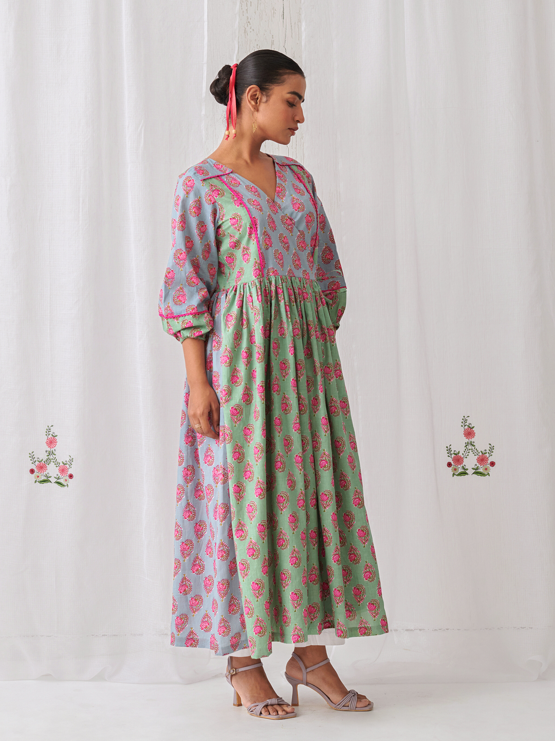 Mint Green & Blue Floral Angrakha Kurta Paired With Straight White Pants