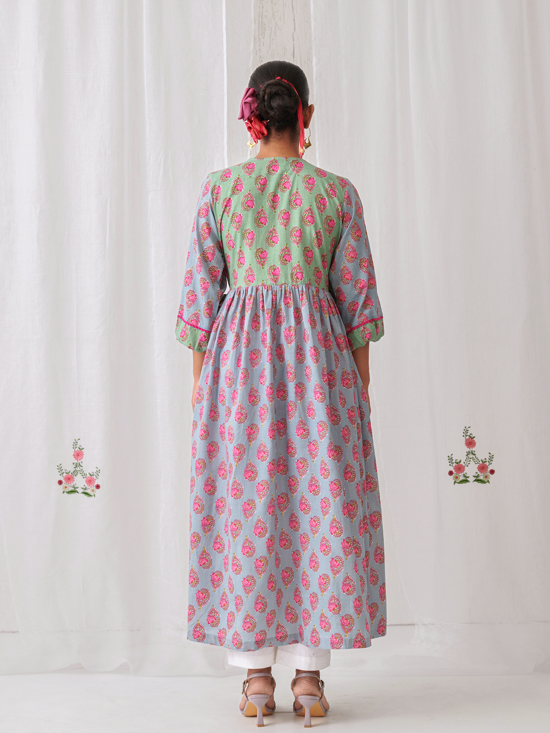 Mint Green & Blue Floral Angrakha Kurta Paired With Straight White Pants